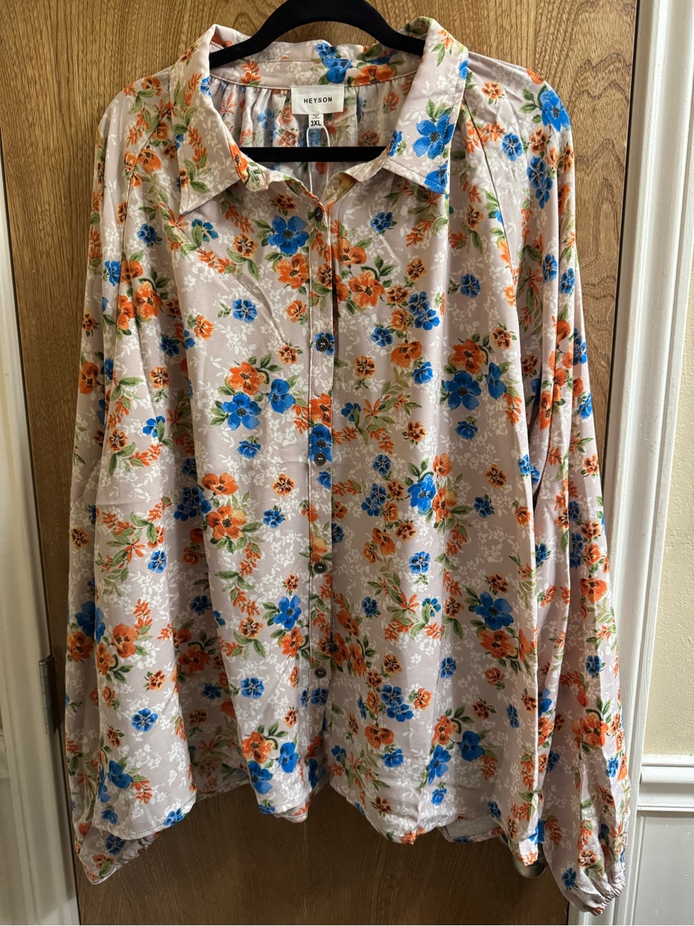 Heyson Long Sleeve Button Down Tan Floral Blouse Lightweight Plus Size 3XL NWT